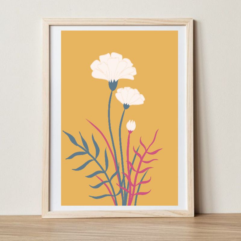 Jual Lukisan dinding aesthetic minimalist gambar bunga putih kuning