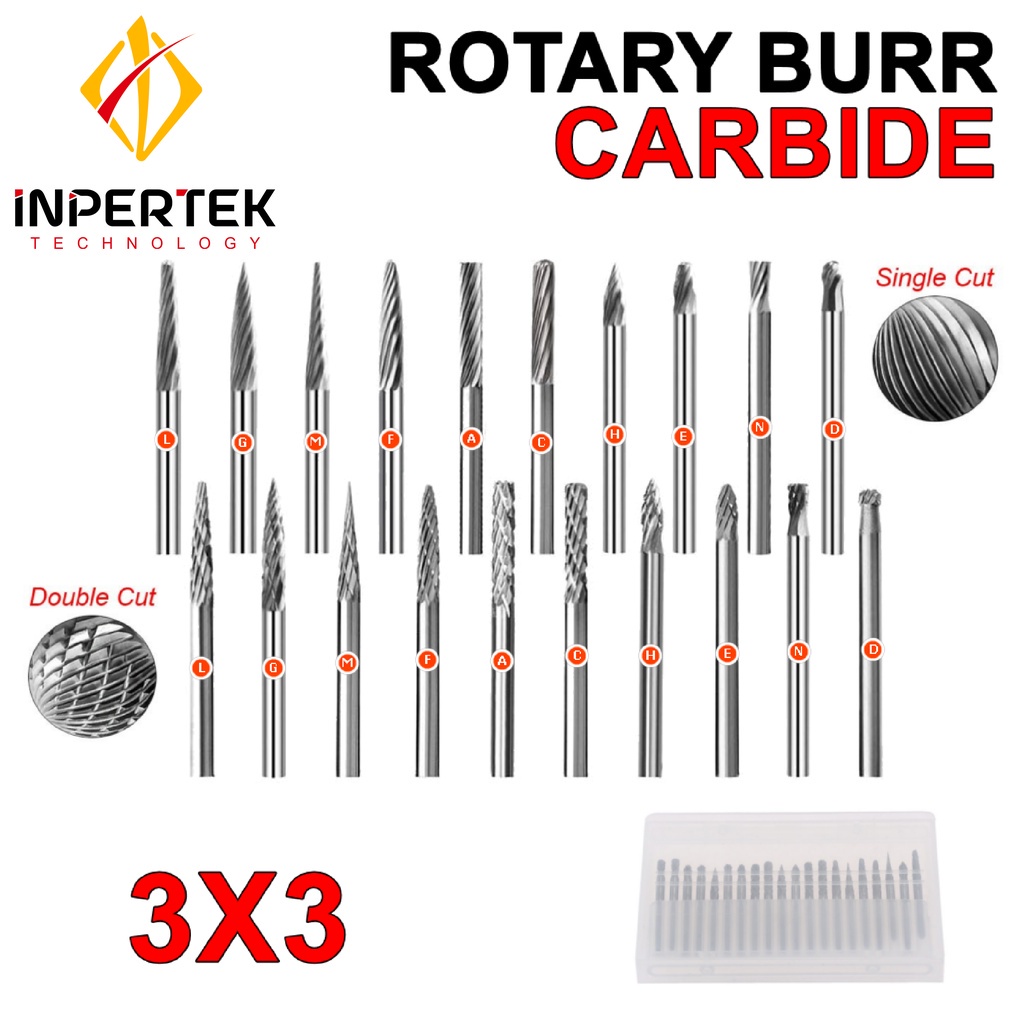 Jual Rotary Burr 3X3 20 pcs Double Single Cut Cuner Carbide 3 mm Mata ...