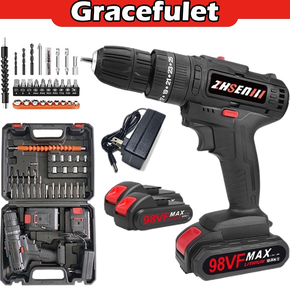 Jual TERBAIK In stock Bor Listrik Bor Tanpa kabel 98V Set Lengkap Mata ...