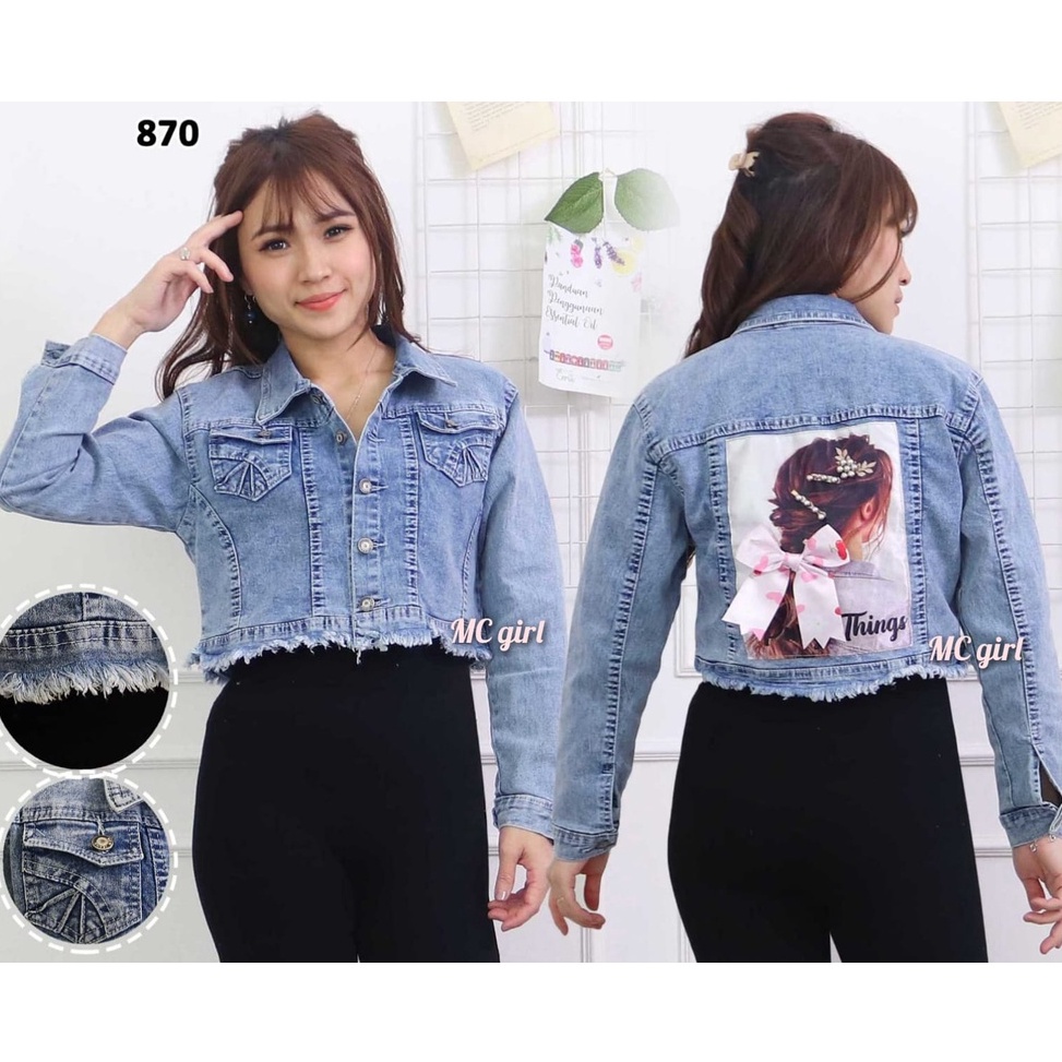Jual Harga TERMURAAH..!! MC girl - Jaket Jeans Crop Rawis Gambar Pita