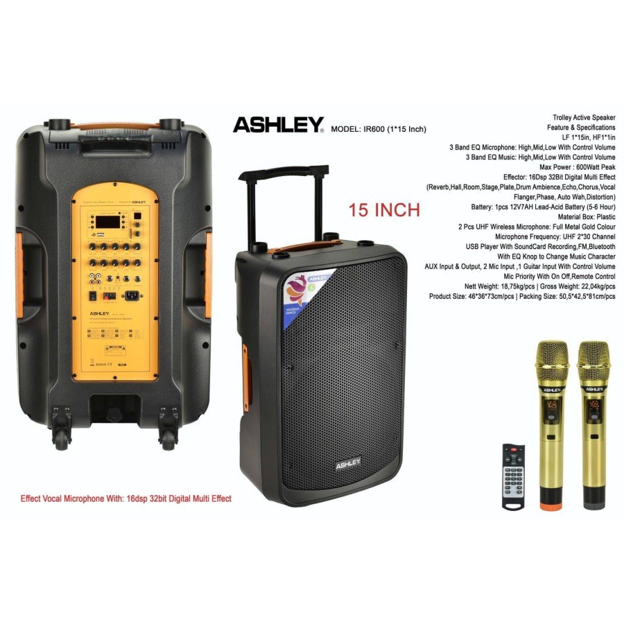 Jual SPEAKER Aktif PORTABLE ASHLEY 15 inch IR600 IR 600 watt Wireless