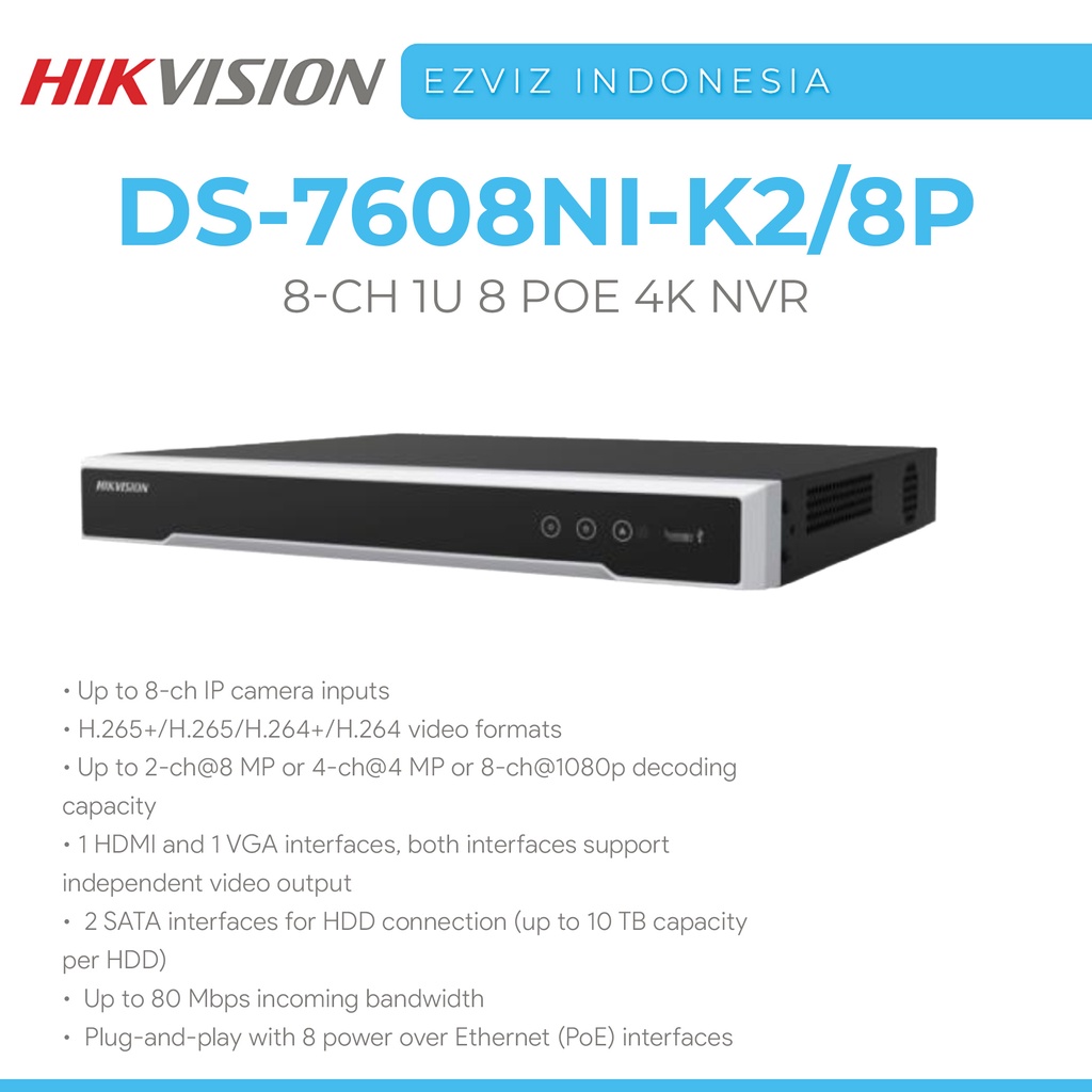 Jual HIKVISION DS-7608NI-K2/8P NVR 8CH 1U 4K 8 POE 2 SLOT HDD GARANSI ...