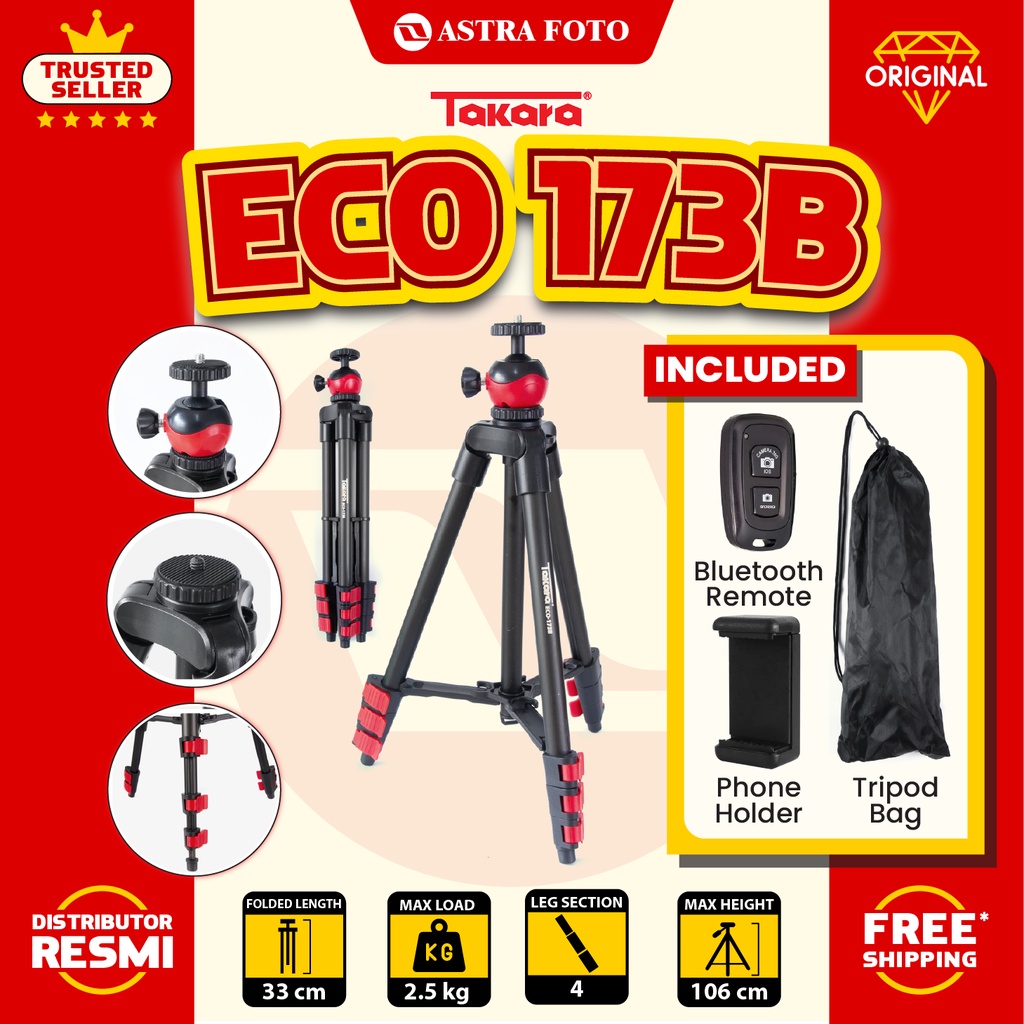 Jual TRIPOD TAKARA ECO173A GEN II , 1 METER, RINGKAS, RINGAN, FREE TRIPOD BAG TRIPOD HP