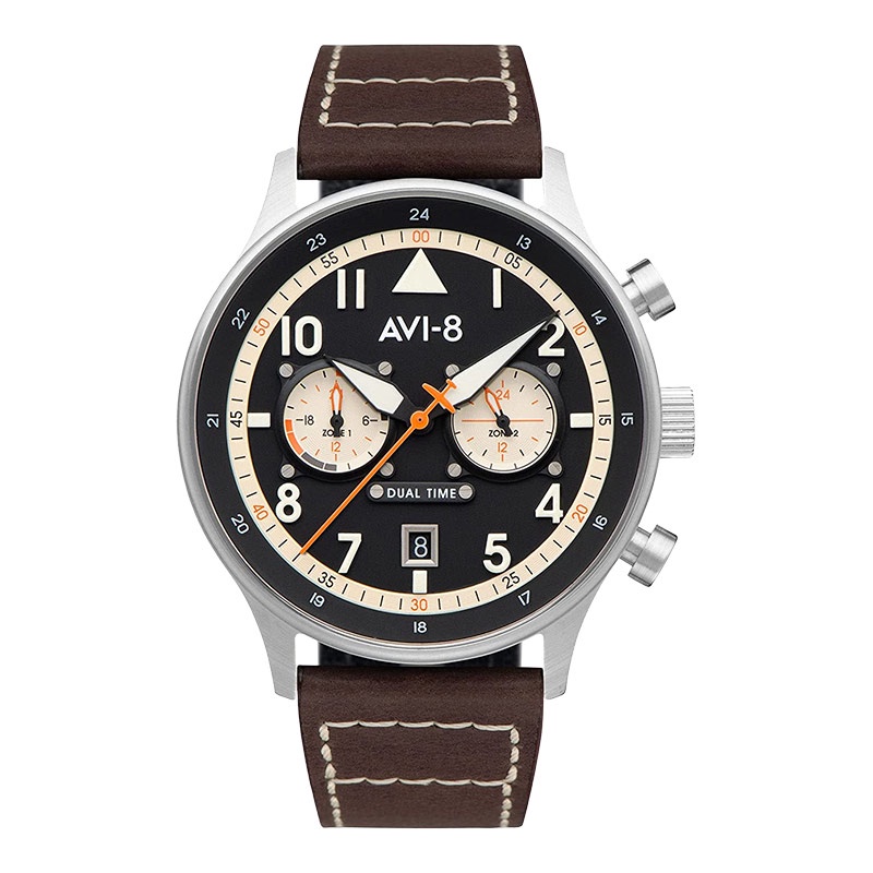 Jam Tangan Pria AVI 8 Hawker Hurricane AV 4088 01 Carey Dual Time Men Black Dial Dark Brown Leather Strap