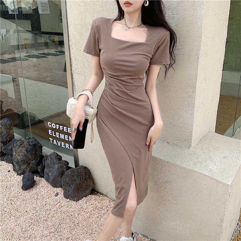 long dress ketat Women Long Dresses With Long Sleeve Ribbed Square Neck Dress Spring Party  Club Xs Maxi Bodycon Dress