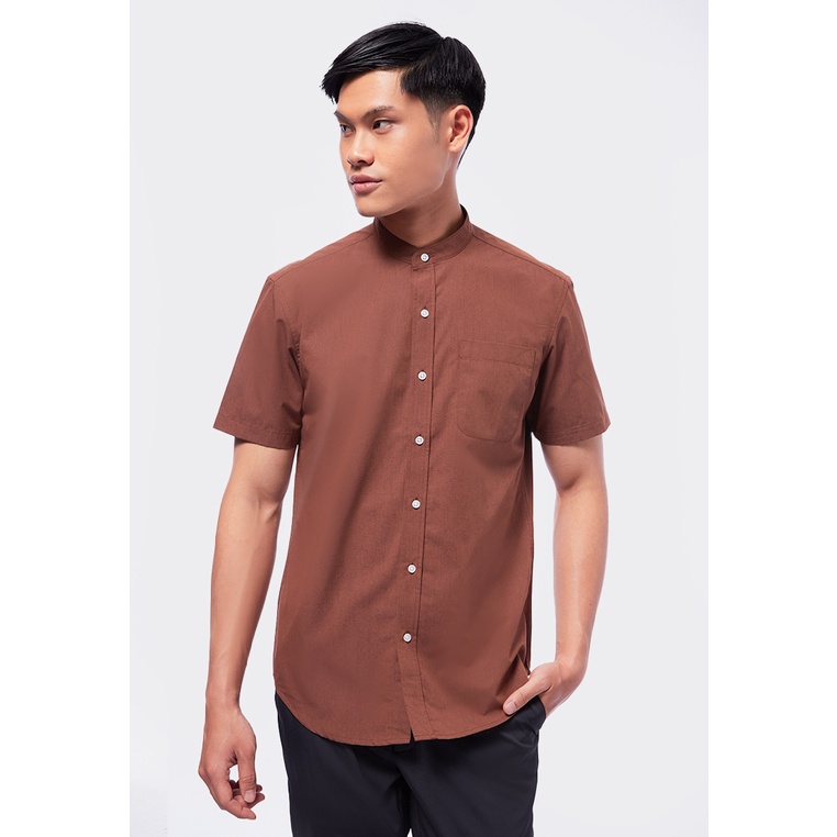 Jual Executive Stand Up Collar Short Sleeve Shirt Brown | Shopee Indonesia