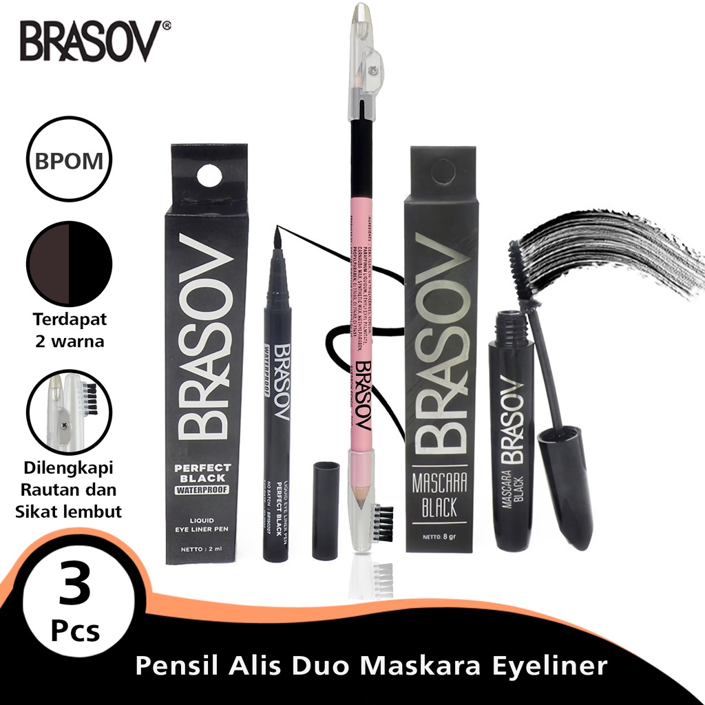 Jual Brasov Eyebrow Pensil Alis + Maskara Dan Liquid Eyeliner Combo 3