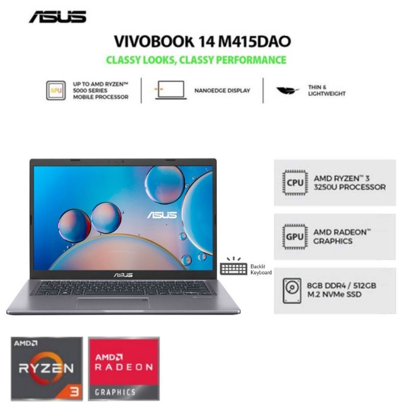 Jual Asus Vivobook 14 M415dao Fhd351 Slate Grey Ryzen 3 3250u 8gb