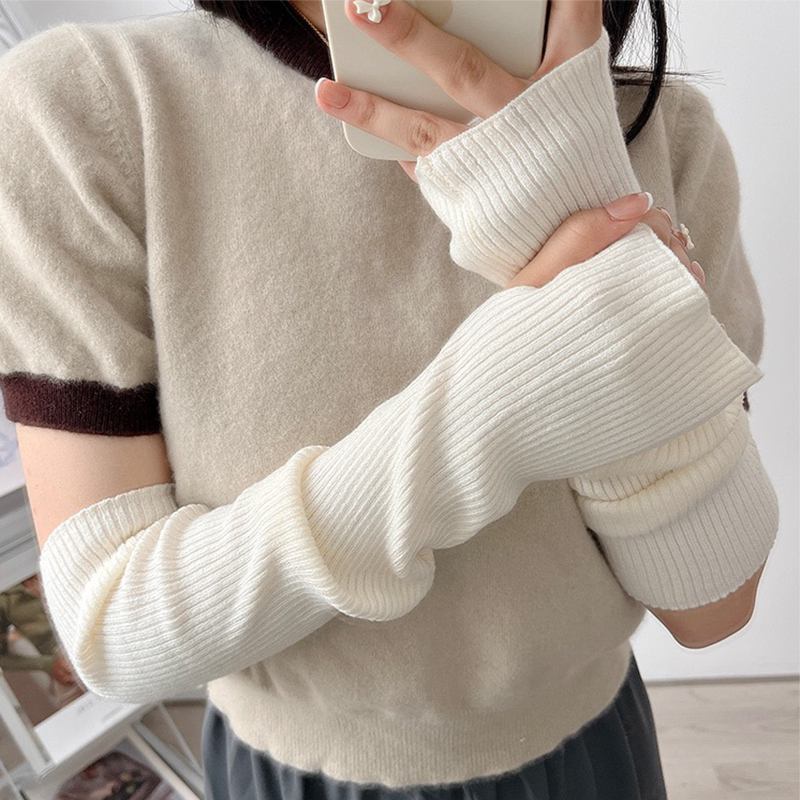 Jual Y2K Lolita Fingerless Gloves Arm Warmers Gothic Women Knitted Kawaii White Hand Work Gloves