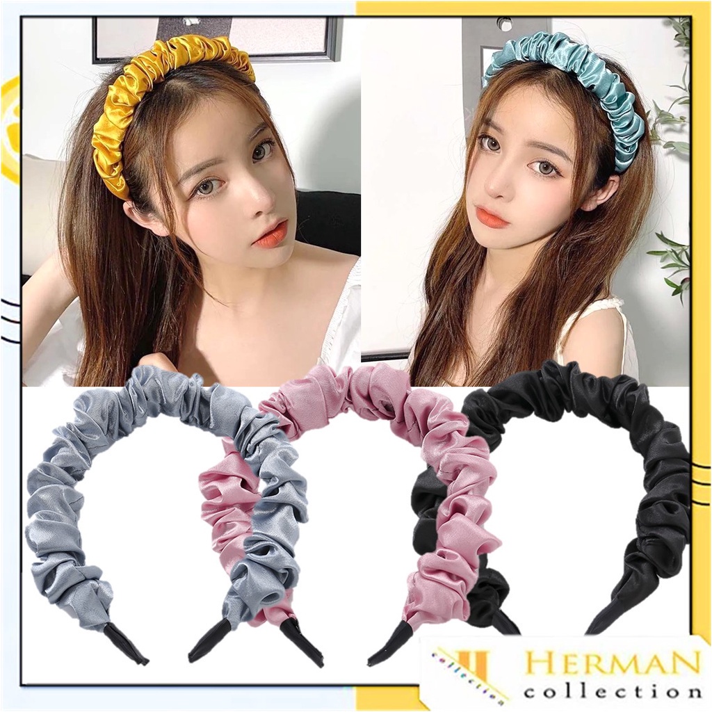 Jual Hc Bando Scrunchie Serut Satin Besar Korea Headband Ruffle Bandana Polos Wanita Bando Kain 