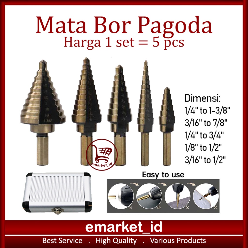 Jual Mata Bor Pagoda 5 in 1 / Aluminium Box Spiral HSS Step Drill Bit ...