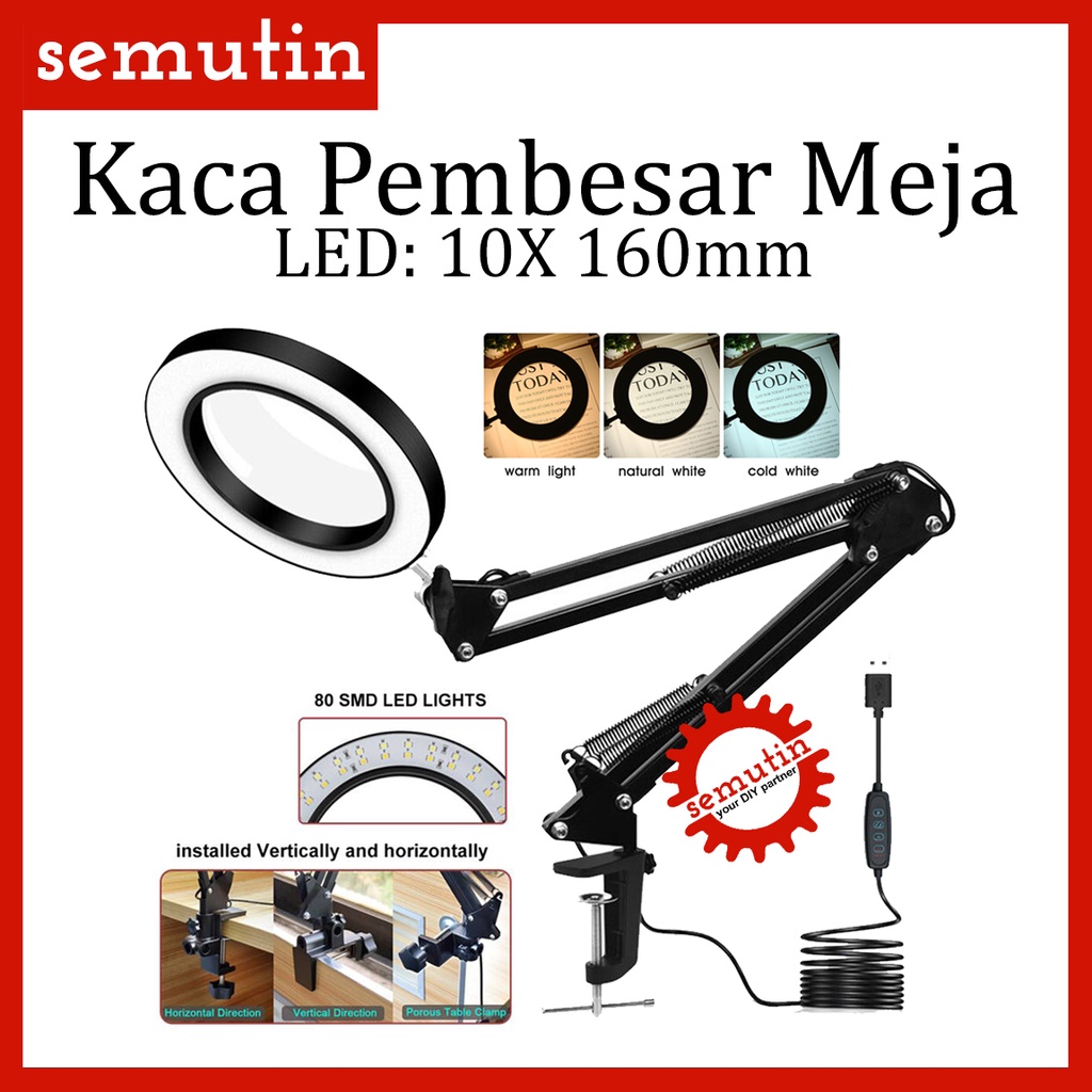 Jual Kaca Pembesar Meja Jepit LED 10X 160mm AG34 / USB Lampu Desktop