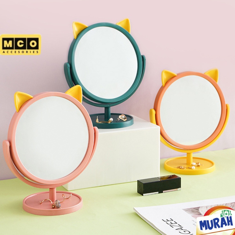 Jual Cermin Make Up Bulat Motif Kucing Standing Mirror Cermin Kaca Hias Portable Mco Ss