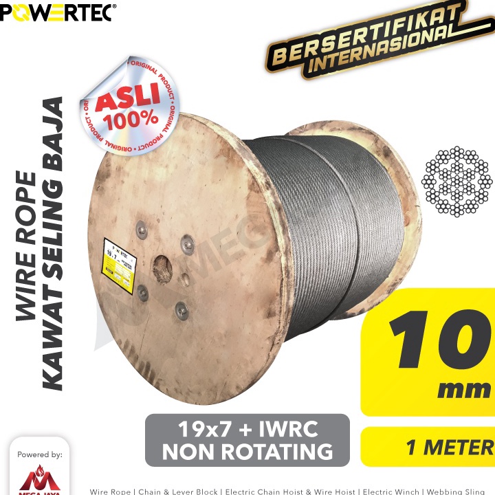 Jual Stok Banyak POWERTEC Wire Rope / Kawat Seling Baja 19x7 IWRC 10mm ...