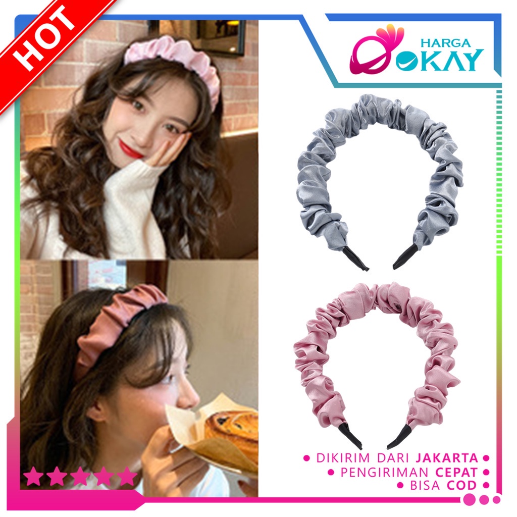 Jual Ho Bando Scrunchie Serut Satin Besar Korea Headband Ruffle Bandana Polos Wanita Bando Kain 