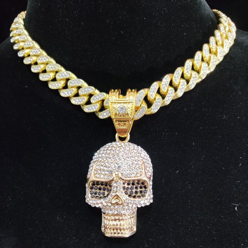 Jual Men Women Hip Hop SKull Pendant Necklace with 13mm Cuban