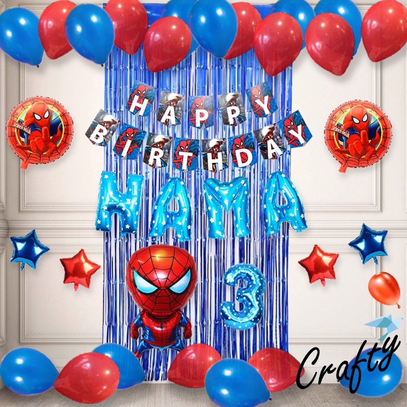 [PAKET] Set Ulang Tahun Anak BANNER SPIDERMAN CURTAIN Dekorasi Balon Hiasan Pesta