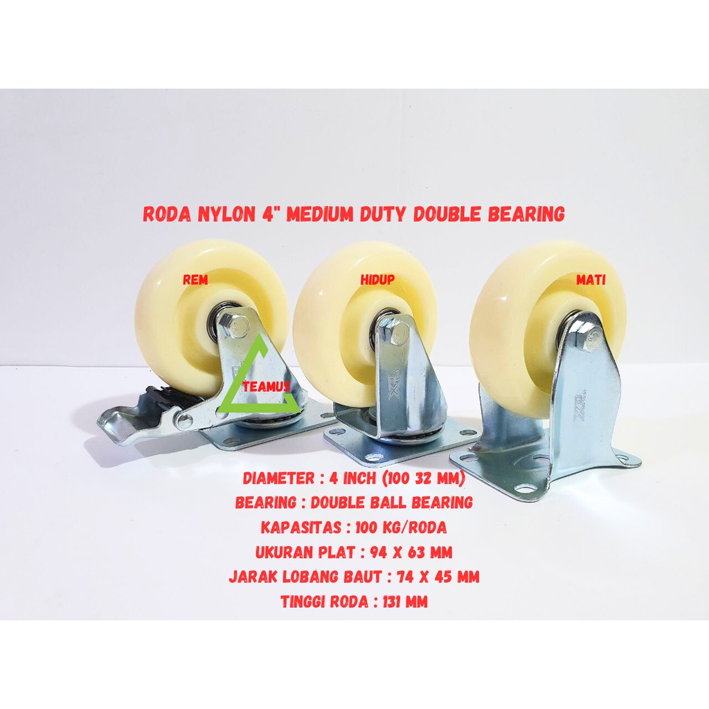 Jual Roda Nylon Medium Duty Double Bearing Hidup Mati Rem 4
