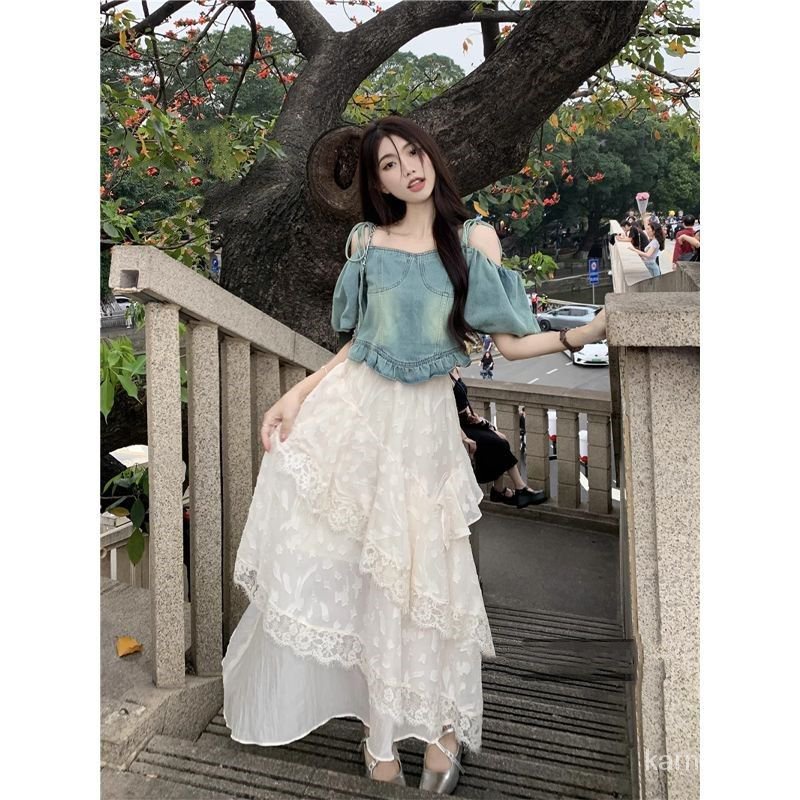 Jual atasan denim lengan pendek tanpa tali + rok bustier renda panjang ...