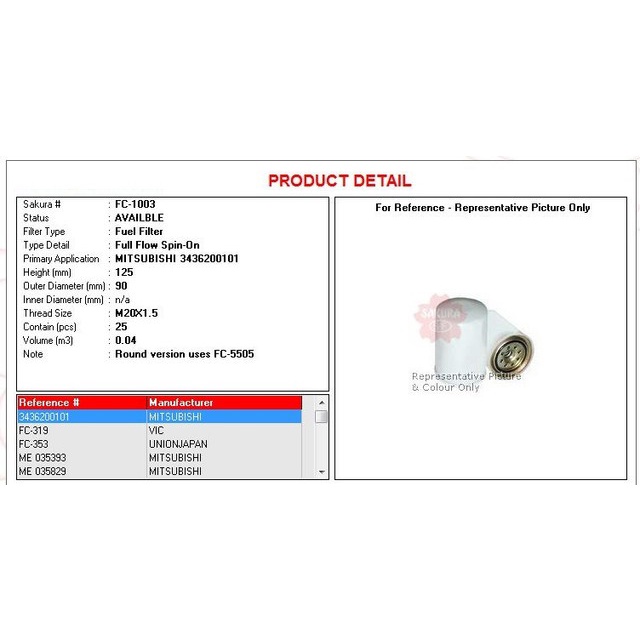 Jual Filter Solar/Fuel Filter Mitsubishi Fuso Merk Sakura (FC-1003)(DUS ...