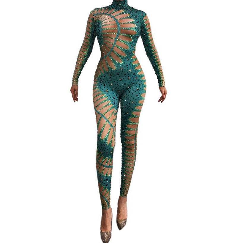 Women Sexy Stretch Glitter Rhinestones Bodycon Jumpsuit Dance Bodysuit Party Singer Stage Wear Birthday Drag Queen Costumes