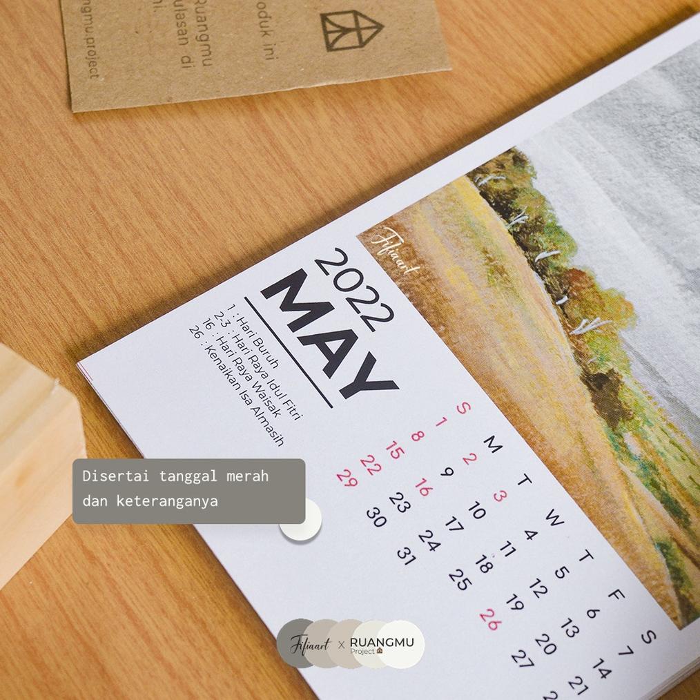 Jual Kalender aesthetic 2024 lukisan + penyangga kayu desk calendar