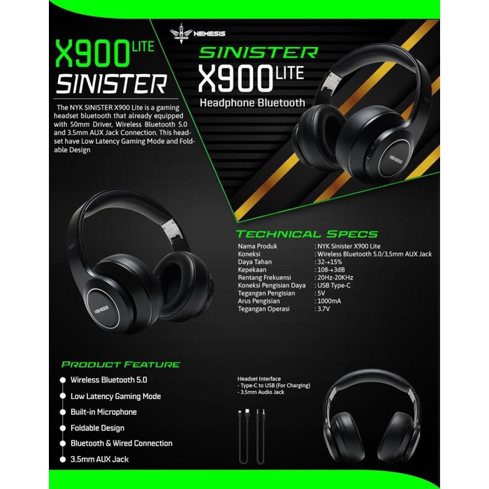 Jual NYK HEADPHONE BLUETOOTH GAMING X900 LITE SINISTER Shopee Indonesia