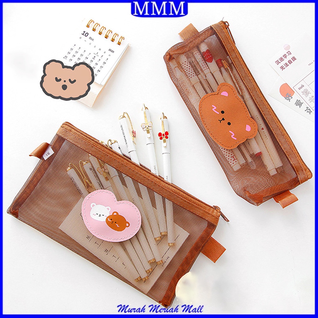 Jual MMM Tempat Pensil Jaring Zipper Coklat Motif Beruang Dompet Pensil