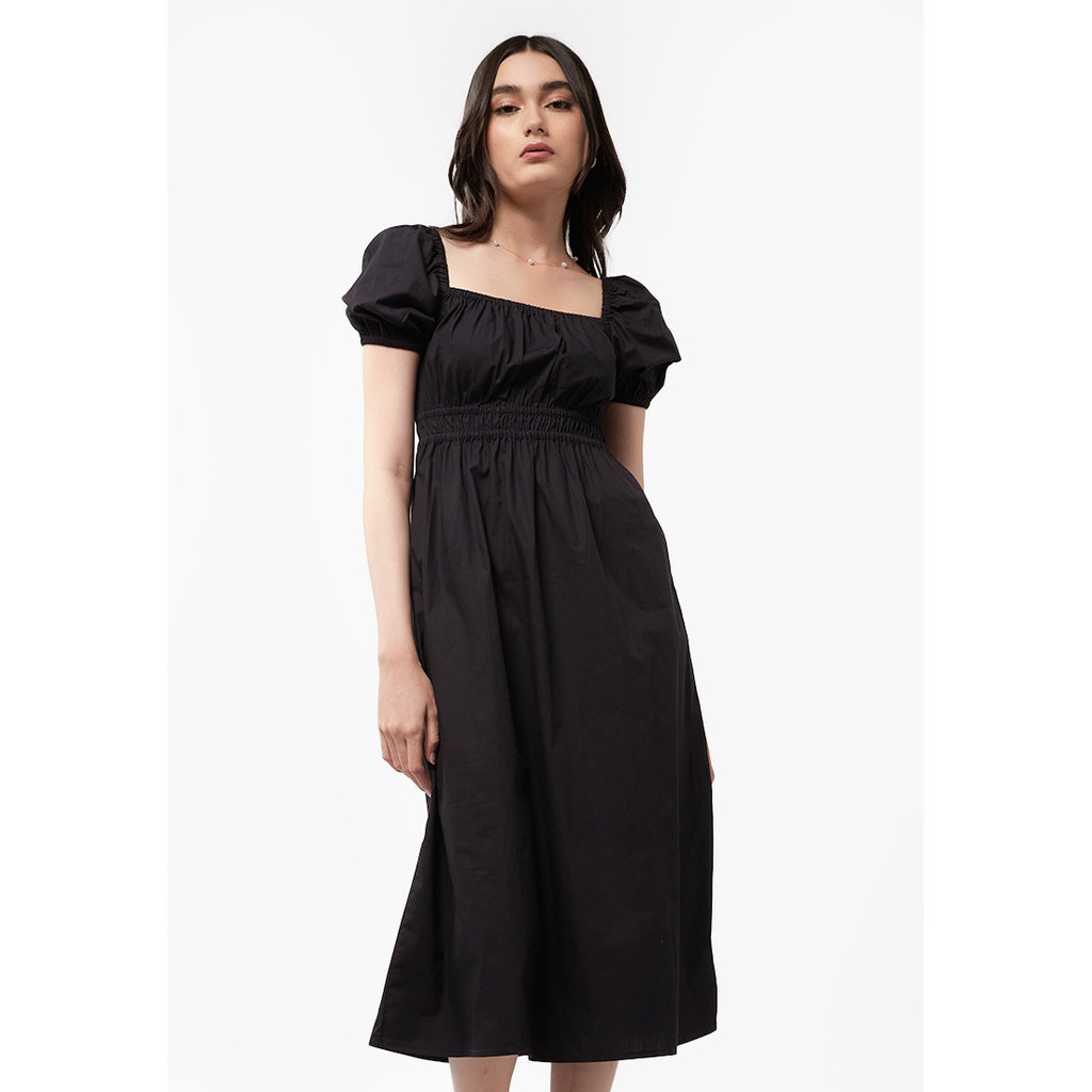 Solid Squared Neck Puff Sleeve One Piece Dress - Black main image 1