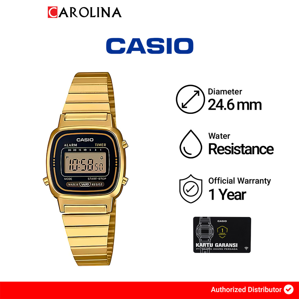 Jam Tangan Wanita Casio General LA670WGA-1D Vintage Ladies Digital Dial  Gold Stainless Steel Band