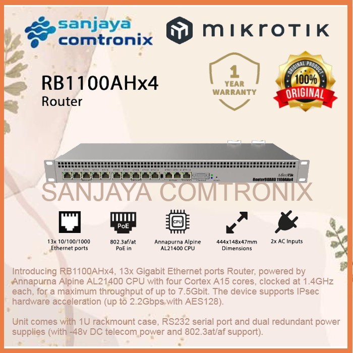Jual MIKROTIK RB1100AHx4 1U rackmount router with 13x Gigabit RB1100AH ...