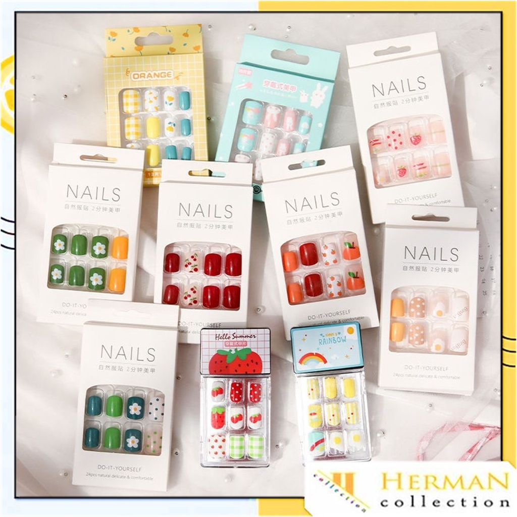 HC 24Pcs Kuku Palsu Motif Kartun 24 Pcs Fake Nail Karakter Manicure Nail Stickers Wedding Pengantin Murah