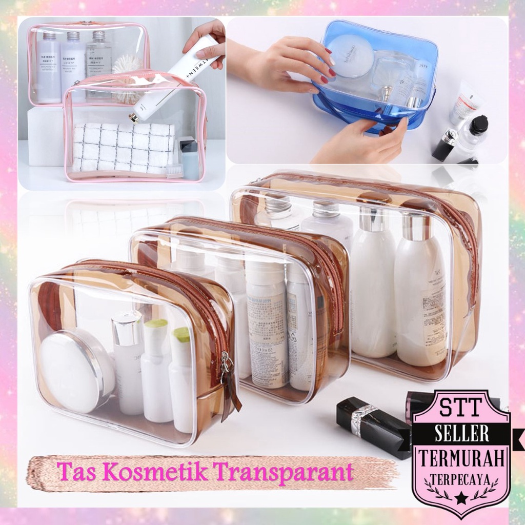 STT Tas Kosmetik Transparant Pouch Travel Make Up Bag Organizer Kotak  Penyimpanan Skincare Bahan Mika Dompet Kosmetik Toiletry Waterproof