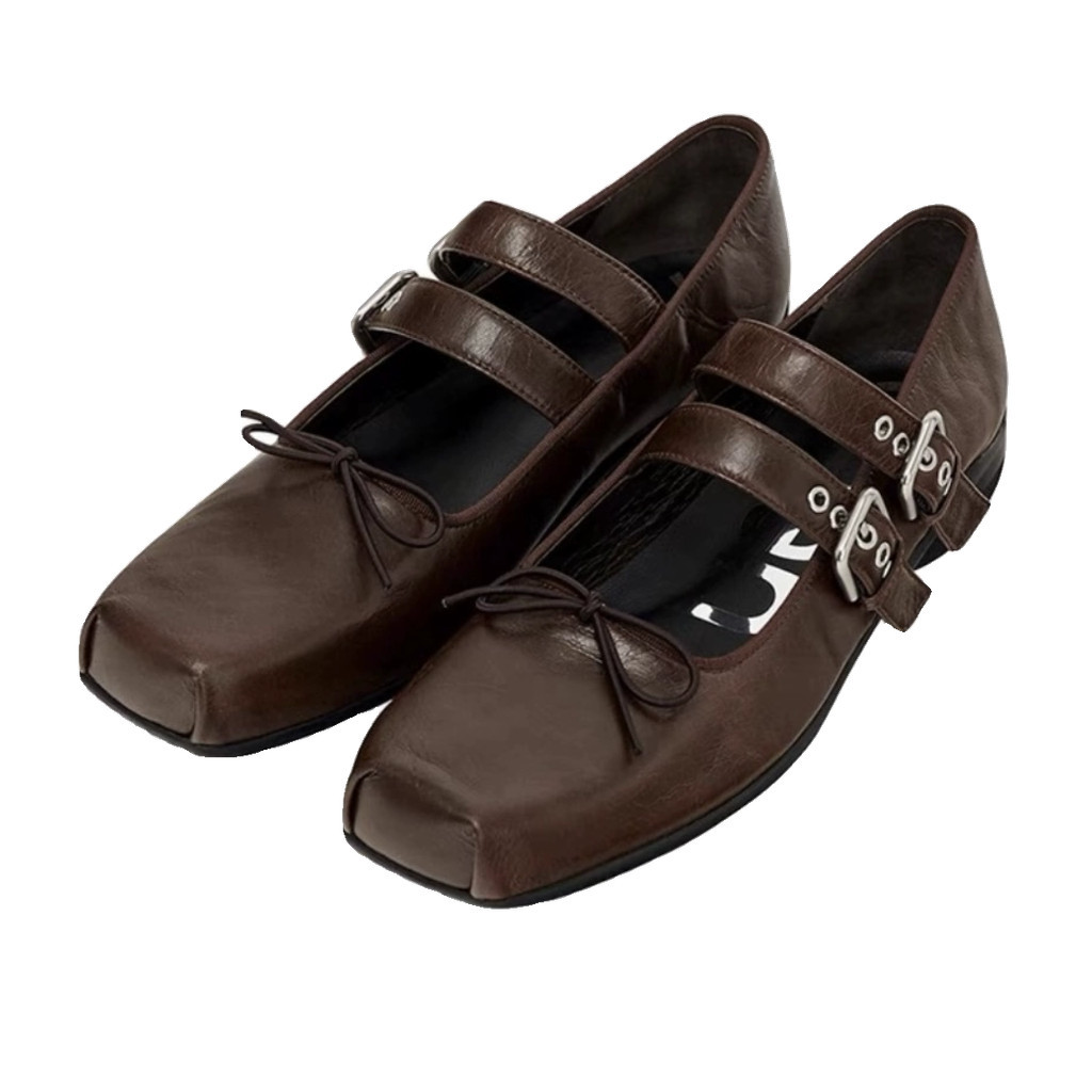 Sports Ballet Shoes Women's Soft Leather Pig Nose Mary Jane Shoes Square  Toe Vintage Pumps