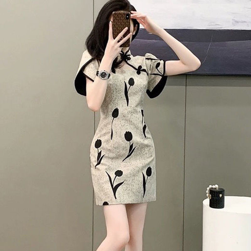 Jual Gaun Cheongsam Tulip Ketat, Gaun Pinggang Elegan Bercetak Tulip ...