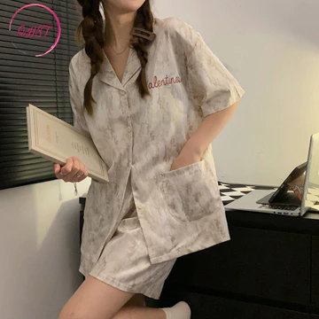 QHST Piyama Wanita Set Satin Bunga Tinta Hijau Pola Wanita Import Pajamas Wanita Baju Tidur