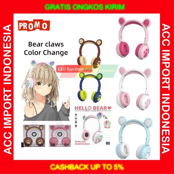 Jual Headset Bluetooth Anak Lucu Bears Headphone Belajar Telinga Cat ...