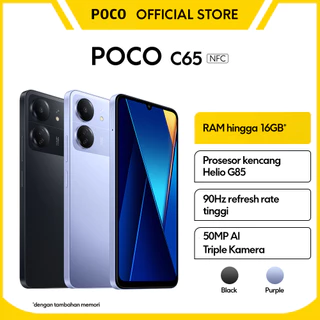 Official POCO C65 | RAM hingga 16 GB* Prosesor kencang Helio G85 90Hz refresh rate tinggi 50 MP AI Triple kamera