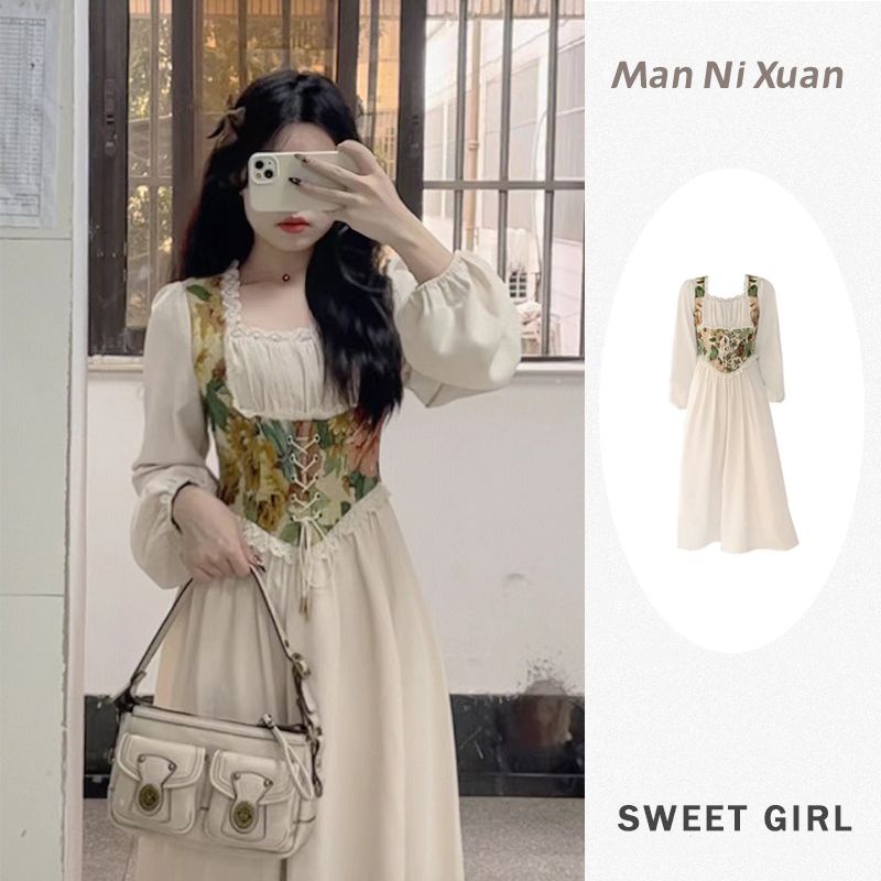 Retro Waist Controlled Slimming Long Sleeve Denim Dress Belted Button