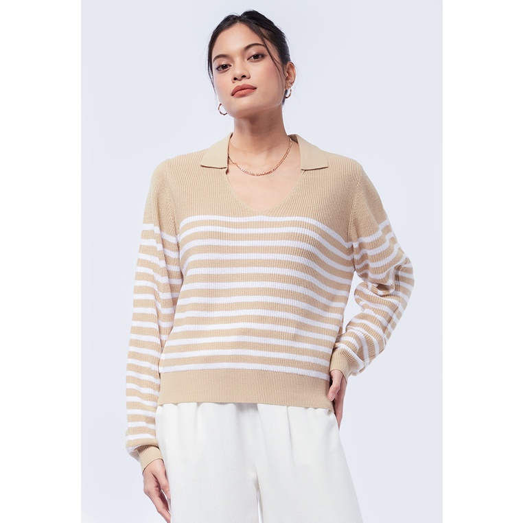 Fine Stripe Polo Sweatshirt - Khaki
