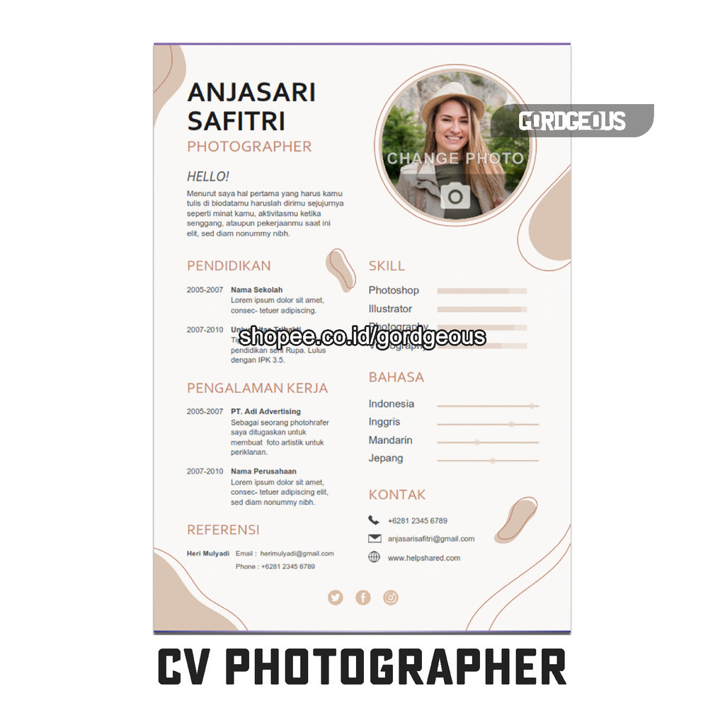 Jual GORDGEOUS - Template CV Photographer | Curriculum Vitae Perempuan