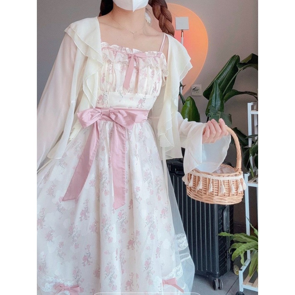 Cute suspenders + lace cardigan two-piece set yv31128