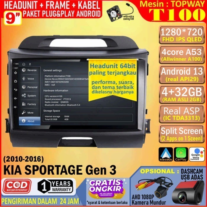 Jual Paket Headunit Android 9 inch + Frame + Soket PNP KIA Sportage Gen ...