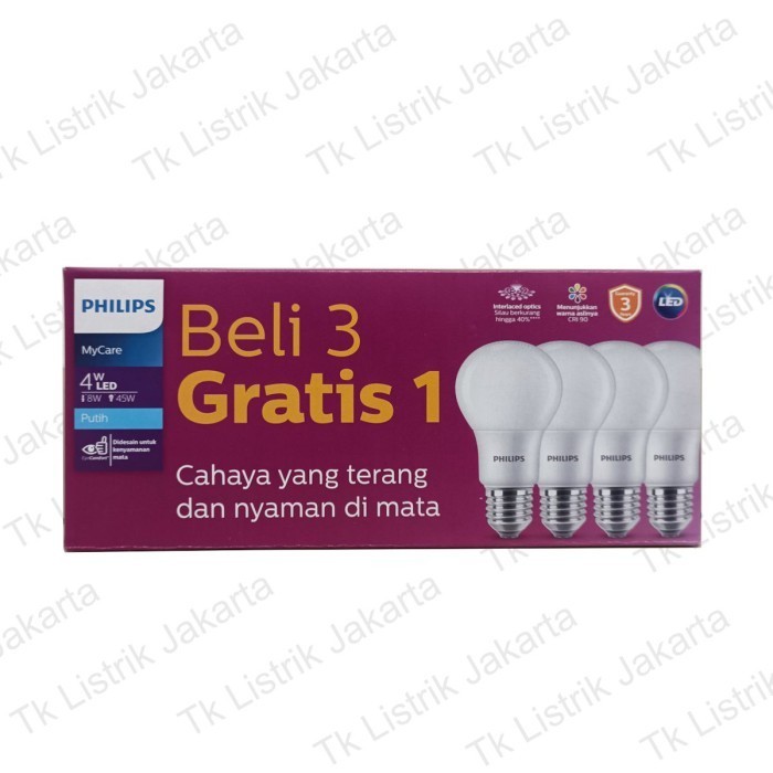 Jual Lampu Philips LED [PACK] Bulb 4-45W E27 6500K 230V A60-MyCare ...