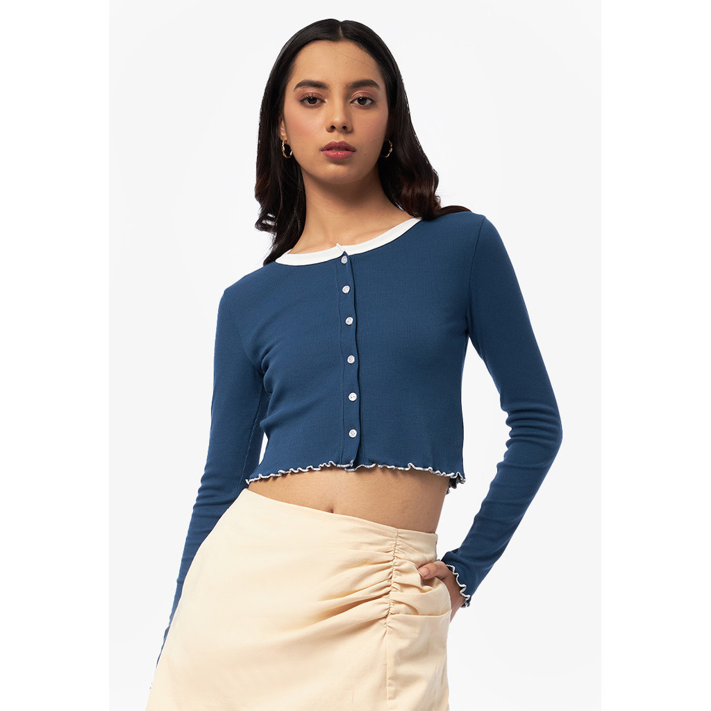 Jual COLORBOX Button Up Top with Contrast Hem Navy | Shopee Indonesia