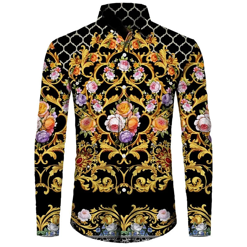 Jual Luxury Golden Flower Chain 3D Print Men Long Sleeve Shirt - Main Image