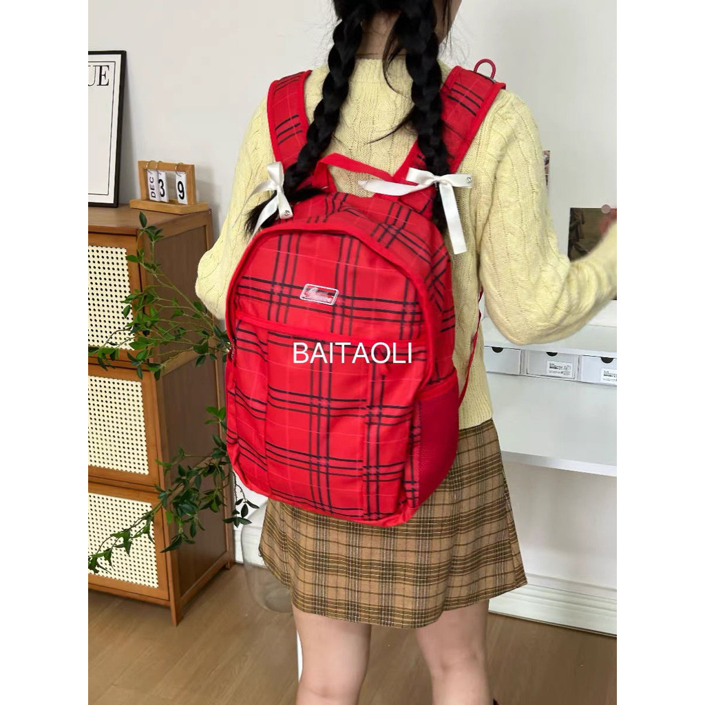 Jual Backpack ransel merah gaya ins gaya Korea ransel kotak-kotak ...