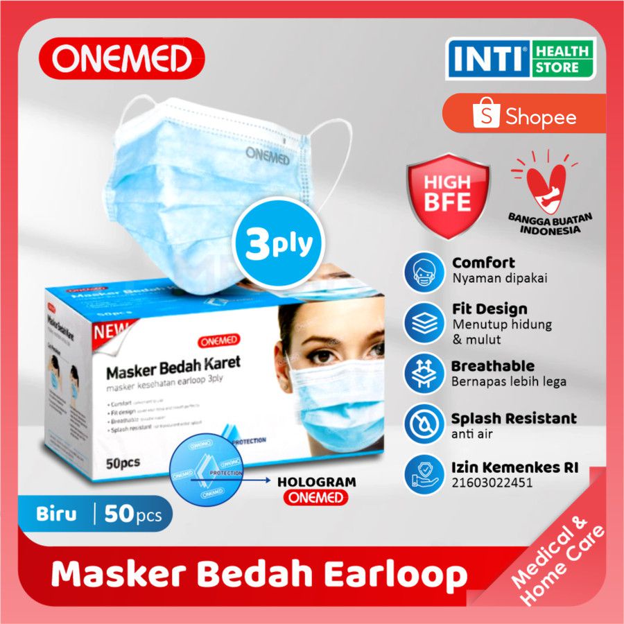 Jual Onemed | Masker 3 Ply Earloop Medis | Earloop Surgical Mask | Biru ...