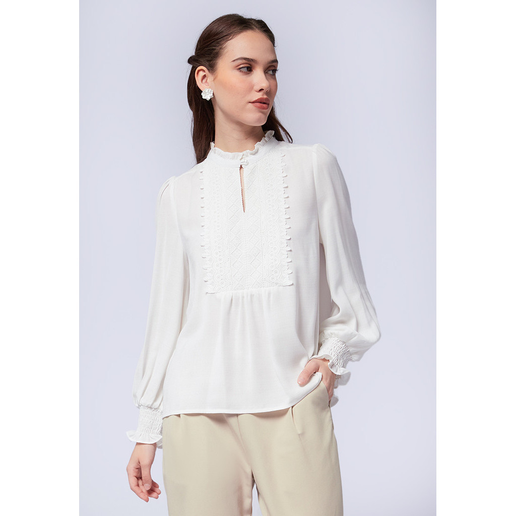 Jual ET CETERA Ruffled High Neck Long Sleeve Blouse OFF WHITE | Shopee ...