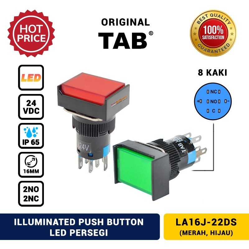 Jual Push Button LED 16mm Push Lock 24 VDC Persegi LA16J-22DS TAB Murah ...